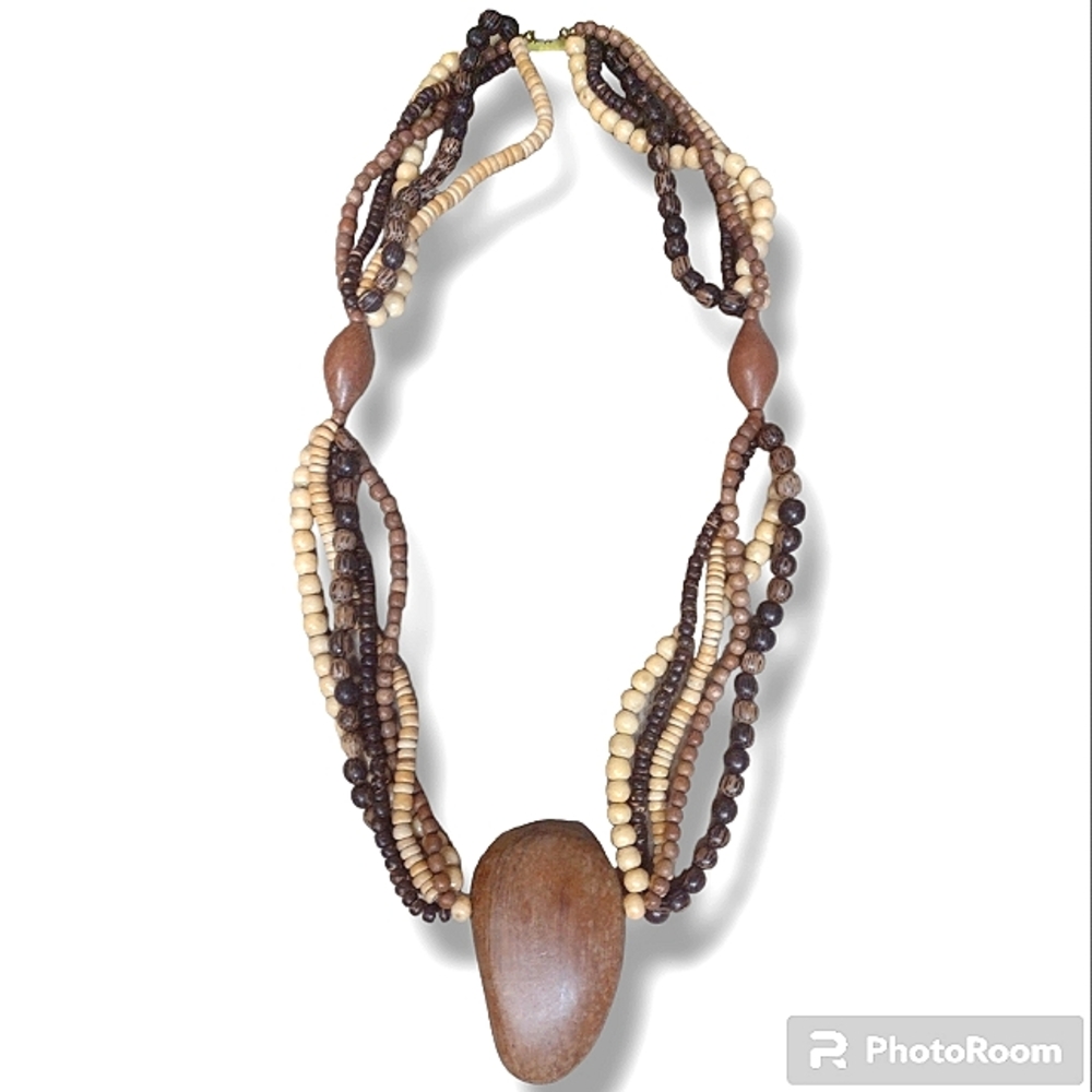 Vintage Multi Strand Brown & Cream Beaded Linked Necklace w/ Oval Wooden Pendant